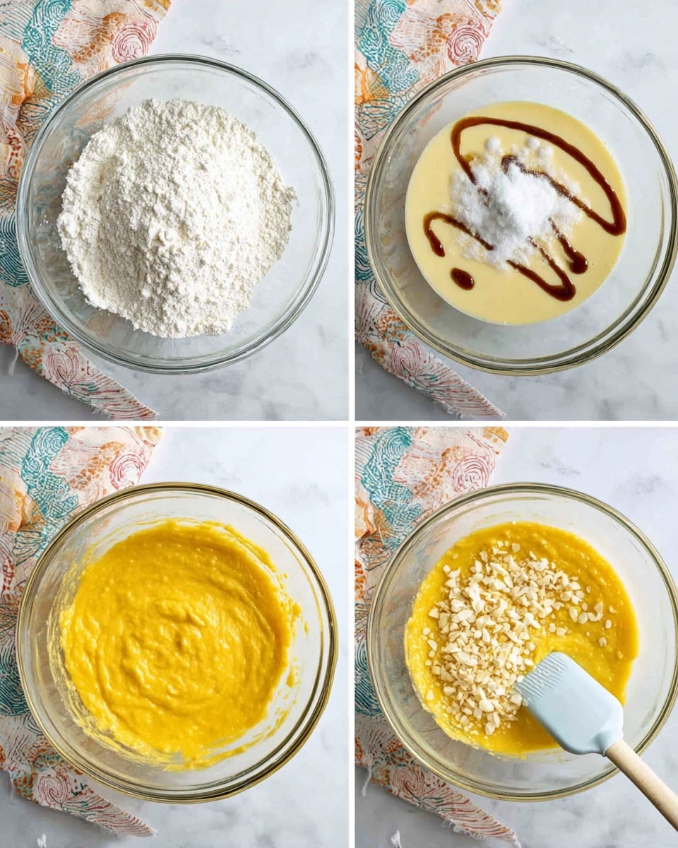 A set of four images show a clear glass bowl on a white marbled surface with a colorful cloth underneath. In the first image, the bowl contains a layer of white dry flour with a fine, powdery texture. The second image shows a mix of wet ingredients in the same bowl, with a creamy yellow base topped with white granulated sugar and dark brown syrup drizzled over, creating thin lines mainly on one side. The third image features the bowl with a smooth, thick, bright yellow batter with a slight sheen and small lumps in the center. The fourth image shows the bowl with the yellow batter mixed with chopped white nuts spread on top, with a white and blue spatula partially inside the bowl, mixing the contents. Photo taken with an iphone --ar 4:5 --v 7