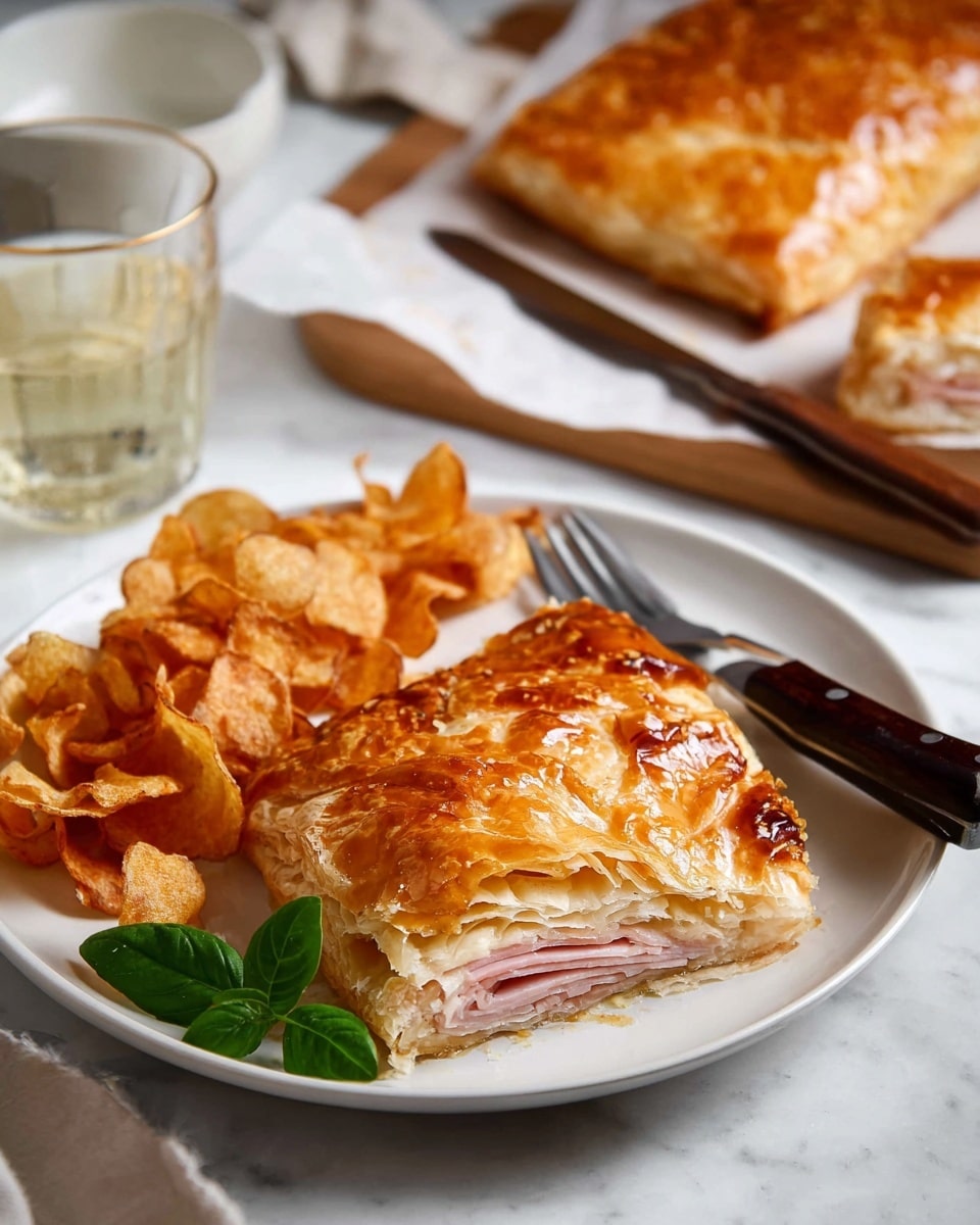 A white plate on a white marbled surface holds a golden brown, flaky pastry with visible layers of thin, crisp dough. Inside the pastry, a pale pink filling can be seen, likely ham, layered flat and smooth. Beside the pastry, there is a pile of curly, orange potato chips with a slightly rough texture. A small sprig of bright green basil sits near the chips. A silver fork with a dark wooden handle rests on the edge of the plate. In the background, on the white marbled surface, a larger piece of the same golden pastry sits on parchment paper with a wooden-handled knife nearby. A clear glass with a pale drink and a white bowl are also visible, all set on the white marbled surface. photo taken with an iphone --ar 4:5 --v 7