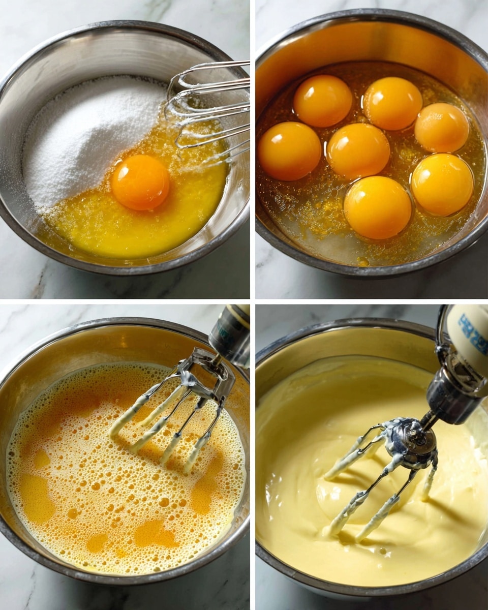The image shows the process of mixing a creamy batter in a shiny silver metal bowl on a white marbled surface. The first frame shows a thick cream being beaten with a mixer’s paddle attachment. The second frame has a raw egg bright yellow and white being poured into smooth pale cream. The third frame shows a white sugar layer added on top of the pale thick batter. The fourth frame depicts soft dollops of sour cream, white-gray in color, resting on the smooth cream mixture. The final frame shows a woman's hand holding the mixer blending everything into a smooth, pale creamy batter with a soft swirl texture. Photo taken with an iphone --ar 4:5 --v 7