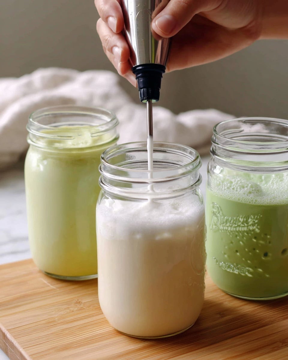 Two clear glass jars sit side by side on a wooden surface with a white marbled texture. Both jars are filled with a green drink that looks smooth and creamy, mixed with ice cubes giving a slightly translucent look in parts. One jar is full of just the green liquid while the other jar has a layer of thick, white foam being poured from a small glass container held by a woman's hand above. In the background, there is a yellow box with simple drawings on it, softly out of focus. Photo taken with an iphone --ar 4:5 --v 7