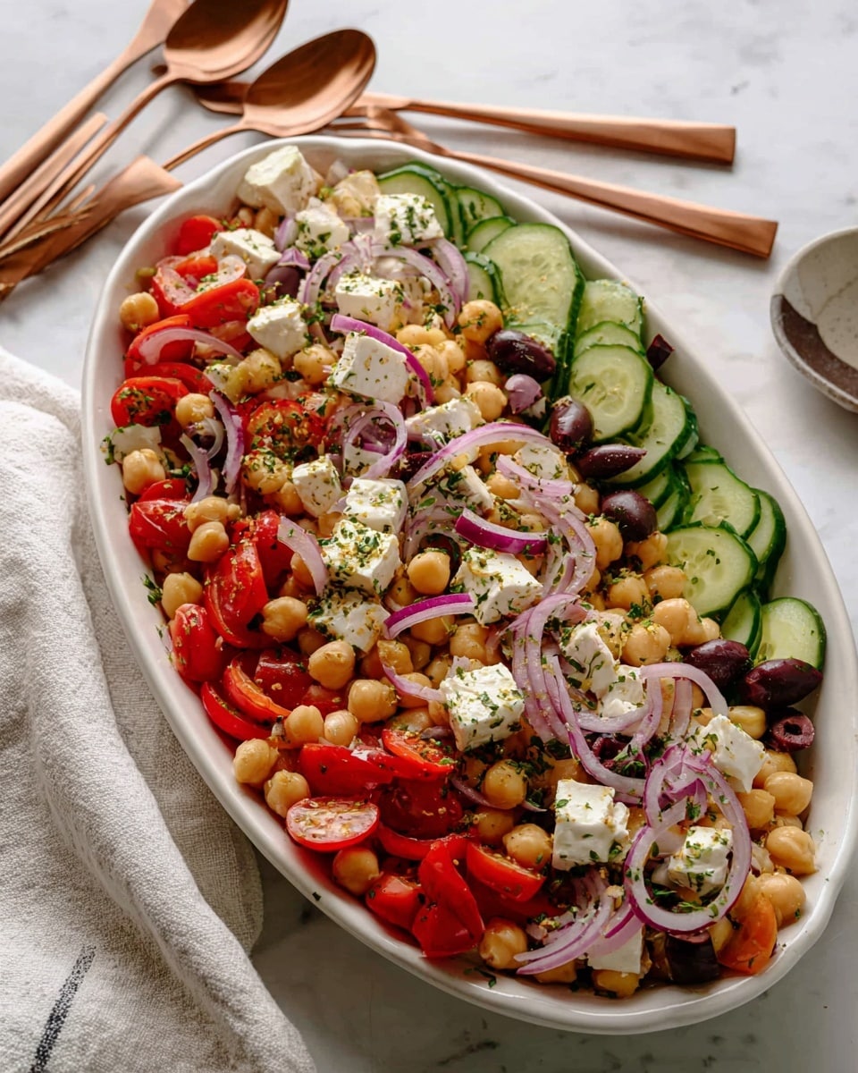 A large white oval dish holds a colorful layered salad starting with a base of pale beige chickpeas scattered evenly. On top are thin, curved slices of green cucumber, and bright slices of red bell pepper. There are small red grape tomato halves positioned throughout, mixed with thin rings of purple-red onion. White cubes of soft cheese and dark-purple sliced olives add contrast, all sprinkled lightly with green herbs. The dish sits on a white marbled surface beside a white cloth and copper-colored fork and spoon. photo taken with an iphone --ar 4:5 --v 7