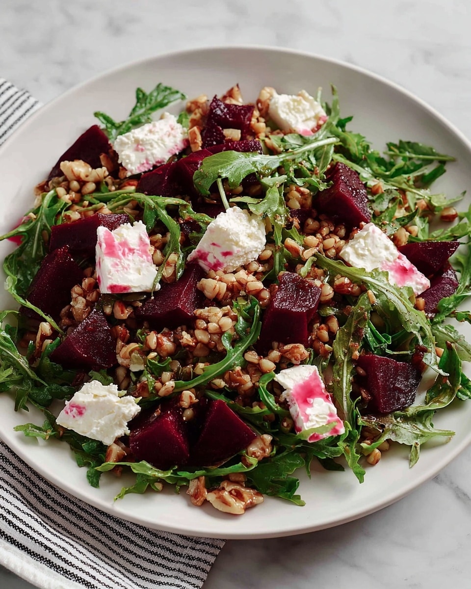 A white plate holds a fresh salad with multiple layers; the base consists of dark red beet cubes, mixed with green arugula leaves scattered evenly. Small pieces of light brown nuts and grains are spread throughout the salad, adding texture. White chunks of soft cheese are dotted across the dish, some showing slight pink stains from the beet juice. The salad sits on a white marbled surface with a white cloth featuring thin black stripes placed partly under the plate. photo taken with an iphone --ar 4:5 --v 7