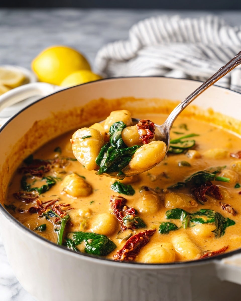 A white pot filled with a creamy orange sauce, with gnocchi scattered throughout, some in a silver spoon lifted above the pot. The dish includes dark green spinach leaves and dark red sun-dried tomatoes in the sauce. The surface is white marbled texture, and a lemon is blurred in the background along with a white and gray striped cloth. Photo taken with an iphone --ar 4:5 --v 7
