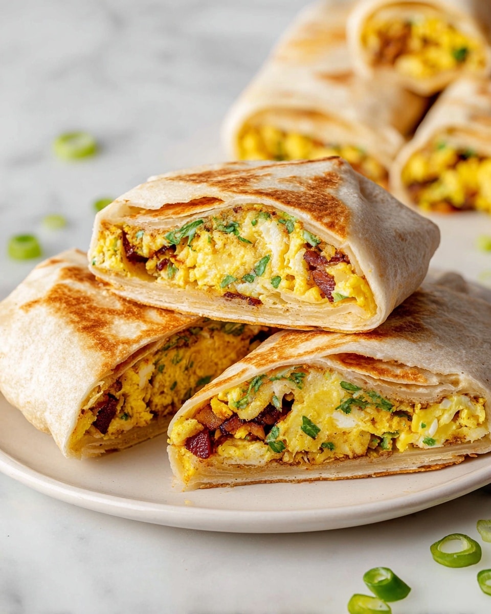 The image shows a close-up of a wrap sliced in half, stacked on a white plate. The wrap has a light brown toasted outer layer, slightly crispy. Inside there are two main layers: the bottom layer is a thick, white and soft potato hash brown, with a slightly crispy edge; above it, a bright yellow scrambled egg mixture with small bits of green onion and small dark brown pieces. Some green onion pieces are scattered around the plate on a white marbled surface, with small bowls of additional ingredients slightly blurred in the background. Photo taken with an iphone --ar 4:5 --v 7
