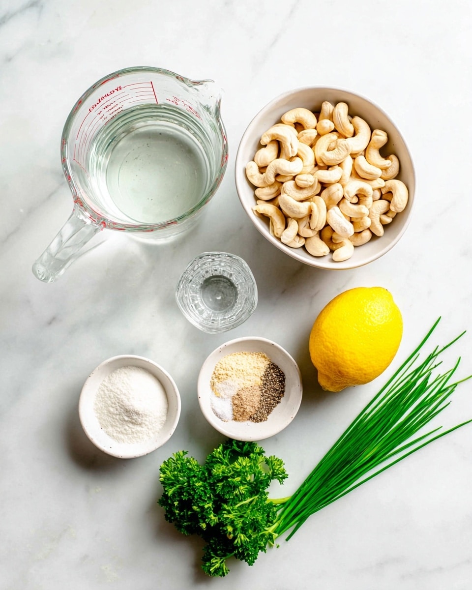 The image shows several ingredients placed on a white marbled surface. There is a clear glass measuring cup filled with water at the top left. Below it, a white bowl holds many whole cashew nuts, creamy beige in color. To the right of the nuts, a small clear glass shot glass contains a transparent liquid. A whole lemon, bright yellow and textured, lies next to a bunch of fresh green chives pointing right. Below, a small white bowl holds a mix of white and beige powdered spices arranged side by side. To the bottom left, a white bowl contains a white, smooth, creamy substance. A small bunch of curly green parsley is placed near the center bottom. The ingredients are neatly arranged with space between them. photo taken with an iphone --ar 4:5 --v 7