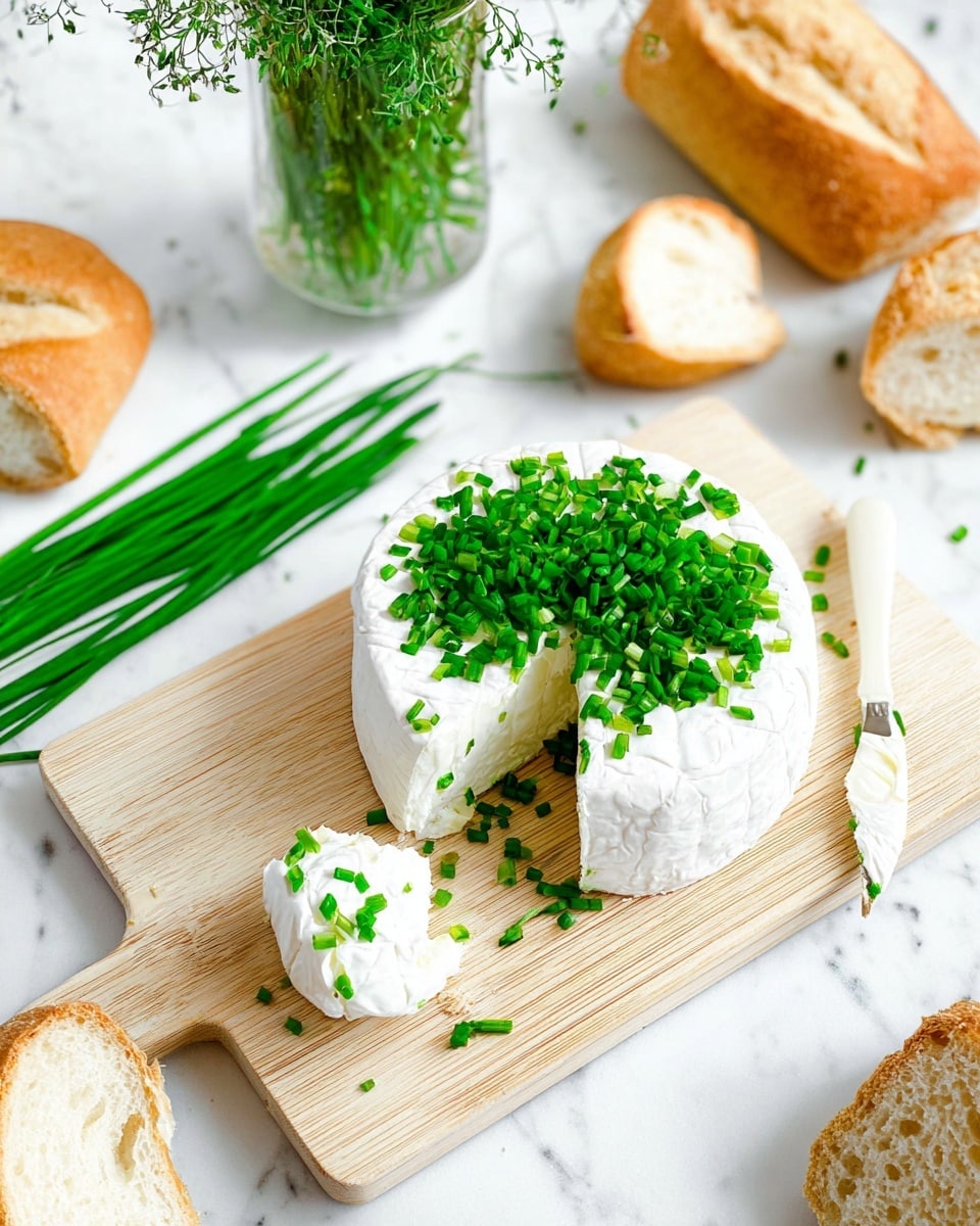 The image shows a round white cheese with a smooth texture, sitting on a light wooden board. It has been cut to show one piece removed from the main round. The top of the cheese is covered with a thick layer of bright green chopped chives, and some chives are scattered on the board around the cheese. A small piece of the cheese is placed near the round with more chives on it. In the background, there are fresh whole chives beside the board and a clear glass vase with green herbs inside, all set on a white marbled surface. Photo taken with an iphone --ar 4:5 --v 7