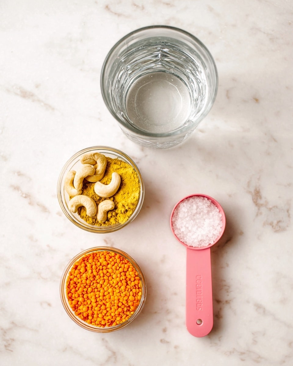 Three glass jars with silver lids are stacked vertically, each filled with a smooth, creamy light yellow sauce. The bottom jar sits on a white marbled surface sprinkled with yellow and orange spices forming circular patterns around it. In the background to the right, there is a white bowl containing some light beige ingredients, a spoon beside it, and scattered pieces of the same beige ingredients around. The scene is bright with soft natural light coming from the left, highlighting the texture and color of the sauce. Photo taken with an iphone --ar 4:5 --v 7