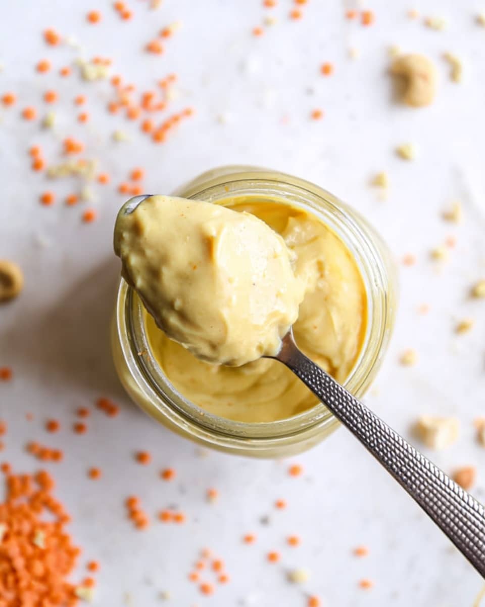 A close-up top view of a small glass jar filled with smooth pale yellow creamy sauce or dip. A silver spoon with a textured handle is scooping a dollop of the thick sauce from the jar. The jar sits on a white marbled surface scattered with small colorful bits of orange lentils, light brown cashew pieces, and some fine grains that look like rice or spices, creating a casual and rustic setting. The overall tone is light and fresh with soft natural lighting. Photo taken with an iphone --ar 4:5 --v 7