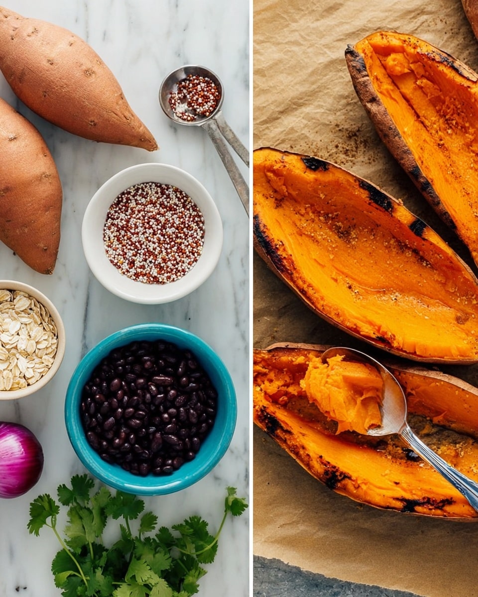 The image shows two parts: on the left side, there are raw ingredients for cooking placed on a white marbled surface, including three whole sweet potatoes and two cut sweet potatoes with bright orange flesh, a small white bowl filled with black beans, a turquoise bowl with oats, a metal measuring spoon with a mix of red, white, and black quinoa, half a purple onion, and a small bunch of green cilantro leaves at the bottom left corner. On the right side, there are roasted sweet potato halves with bright orange soft inside and charred edges, resting on brown parchment paper, and a spoon scooping out some of the roasted sweet potato flesh. Photo taken with an iphone --ar 4:5 --v 7