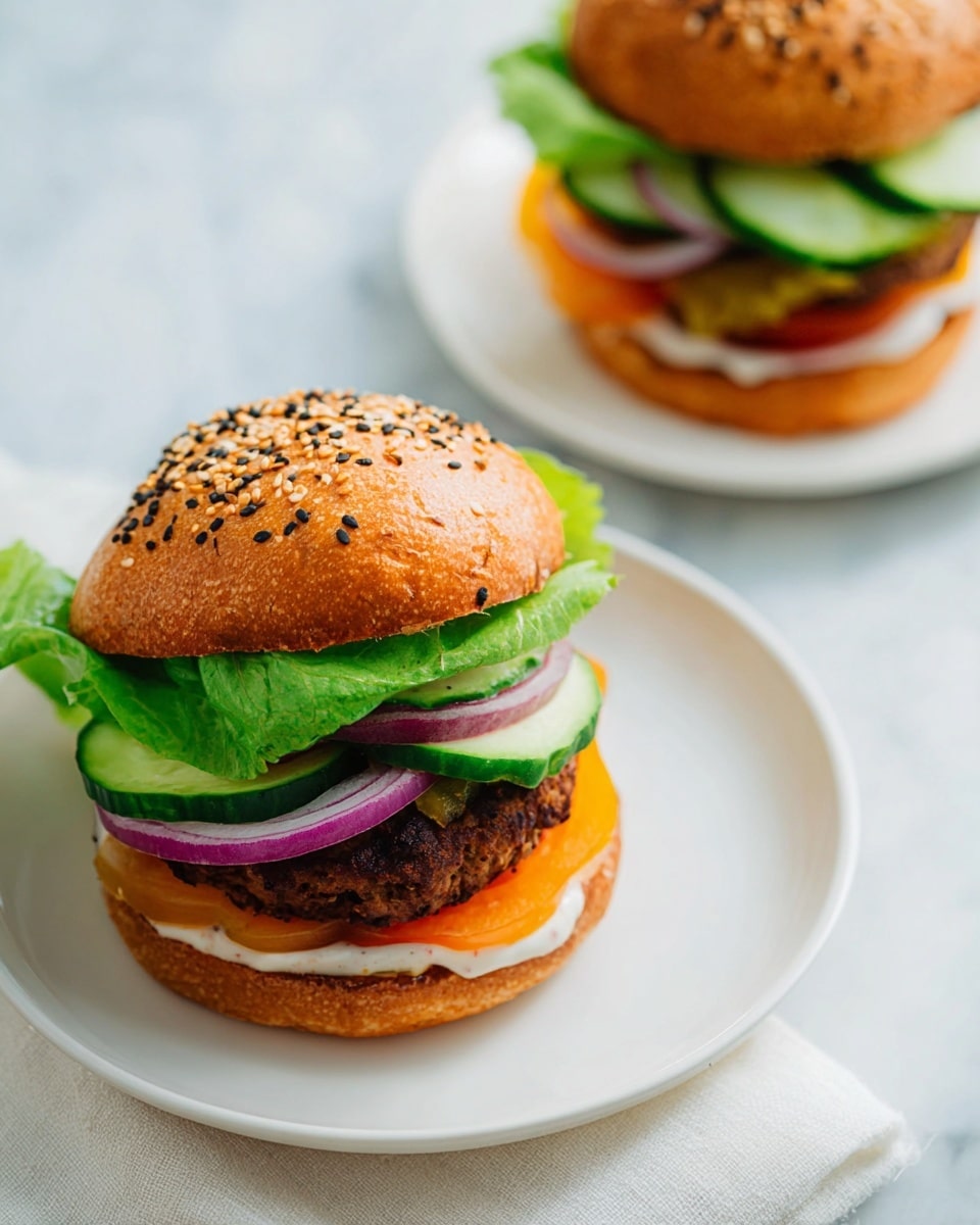 A sesame seed bun with five visible layers sits centered on a white plate over a white marbled surface. The bottom layer is a brown veggie patty with a rough texture and some black beans visible, topped with a thin layer of deep red sauce. Above that is a layer of thin purple onion rings, then a bright orange slice of tomato. Next, there are several pieces of green avocado and cucumber slices layered thickly. The top bun is golden brown with white sesame seeds sprinkled evenly. In the soft-focus background, another similar burger can be seen. Photo taken with an iphone --ar 4:5 --v 7