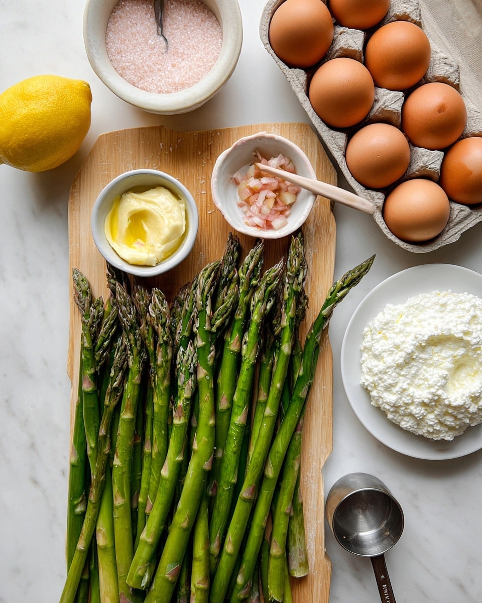 The image shows fresh green asparagus spears spread out in rows across a light wood cutting board placed on a white marbled surface. On the cutting board, near the asparagus, are two small bowls: one white with a dollop of pale yellow mustard, and one peach-colored with finely chopped shallots. To the left above the board, there is a halved lemon with a bright yellow interior. Above the asparagus, there is a white bowl filled with light pink salt and a spoon inside. To the right, a carton of brown eggs is partially visible, and below that, a white plate holds a soft mound of white ricotta cheese. A small metal measuring cup sits near the bottom right corner of the image. Photo taken with an iphone --ar 4:5 --v 7