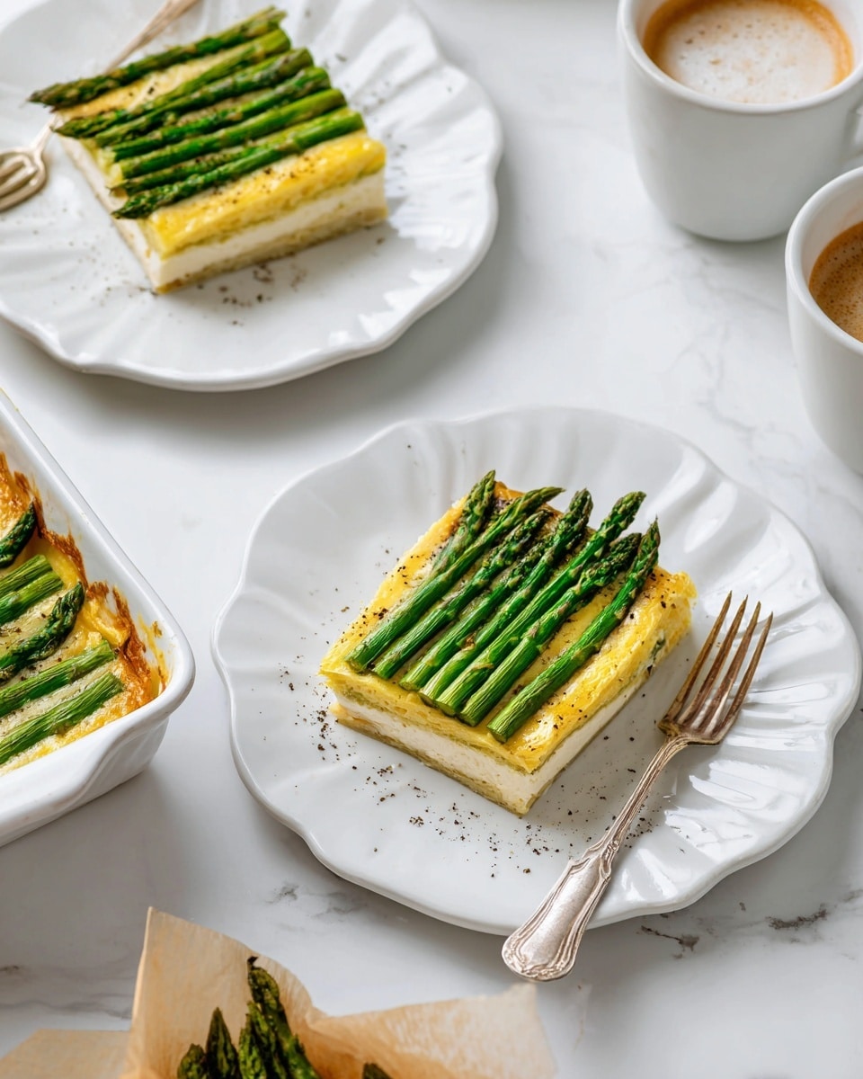 A square white baking dish lined with brown parchment paper holds a flat golden-yellow baked layer. On top, 19 bright green asparagus stalks are neatly lined up side by side, with slightly darker tips, covering the entire surface. The dish is placed on a white marbled surface next to stacked white plates with silver forks resting on them. A white cloth with a dark stripe is partially visible under the dish. photo taken with an iphone --ar 4:5 --v 7