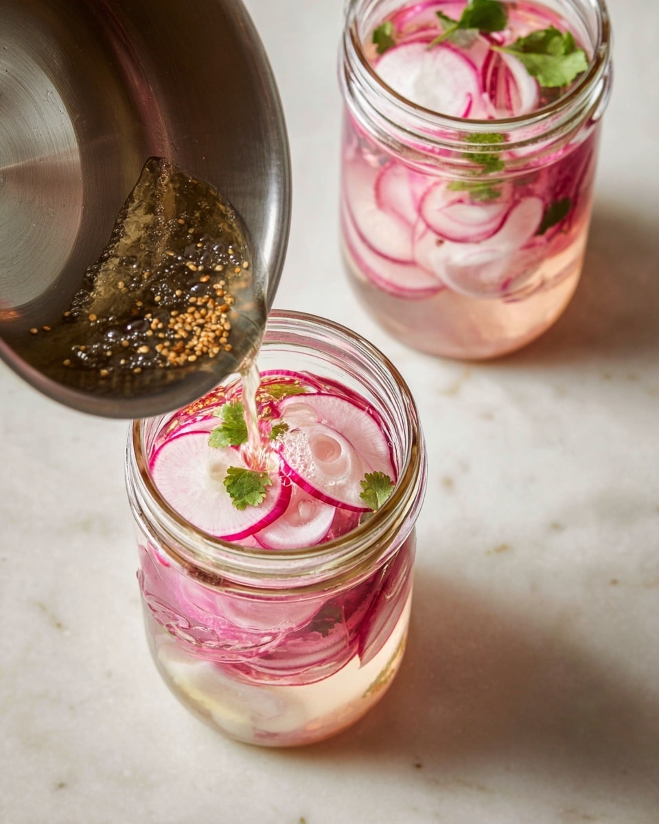 Two clear glass jars are shown on a white marbled surface, each filled with three visible layers: thinly sliced round radishes in light pink and white with pink edges on top, thin white onion slices in the middle, and some green cilantro leaves scattered throughout. The jars contain a light pink liquid with some bubbles near the sides. A stainless steel pan is tilted above the closer jar, pouring light brown seeds into it. Photo taken with an iphone --ar 4:5 --v 7