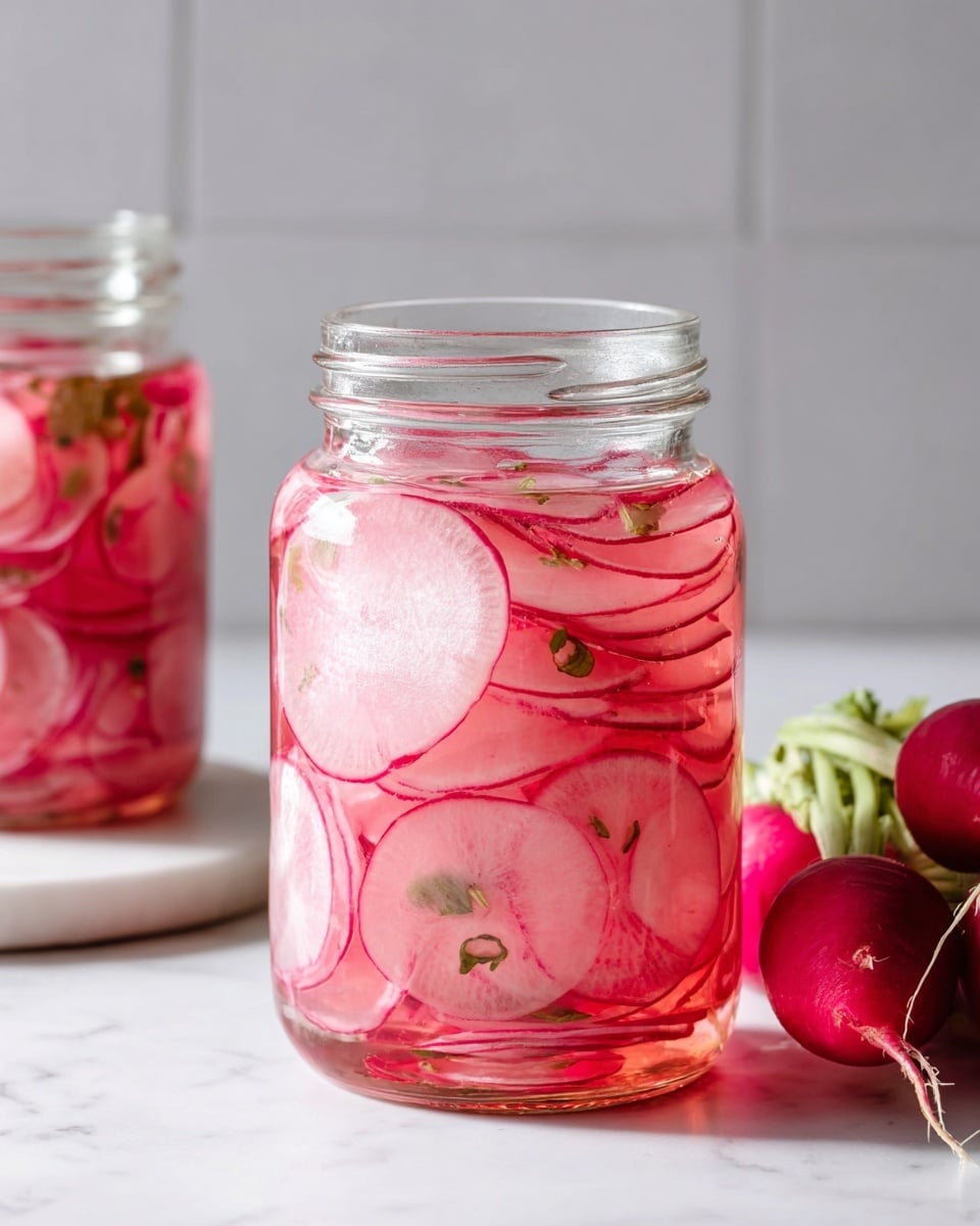 Two clear glass jars filled with thin, round slices of pink radishes soaked in a light pink brine with small green herbs scattered inside. The jars are tall and placed on a white marbled surface. Around the jars, there are whole radishes with red skin and green leaves attached, lying casually on the surface. The background is a plain light gray tiled wall, making the pinks and reds of the radishes stand out. photo taken with an iphone --ar 4:5 --v 7