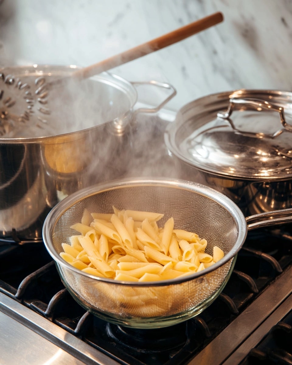 A steaming metal strainer sits over a clear glass bowl on a stove. Inside the strainer, there is a layer of cooked penne pasta, light yellow and smooth, filling most of the strainer. To the left, there is a large silver pot filled with boiling water, with steam rising from it. A wooden-handled wire skimmer with a metal mesh net hangs above the strainer. In the background, to the right, a shiny silver pot lid rests on the stove. The whole scene is set against a white marbled surface. photo taken with an iphone --ar 4:5 --v 7