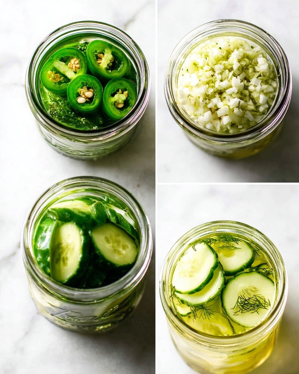 The image shows a clear glass jar filled with round cucumber slices packed vertically and tightly, submerged in a light yellowish-green liquid with visible small white garlic pieces and herbs floating inside. The jar sits on a light wooden cutting board placed on a white marbled surface. In front of the jar, there is a small clear glass container with peppercorns. In the blurred background, whole cucumber slices and a gray cloth are visible on the same white marbled surface. A small green dill sprig is placed near the bottom right corner of the cutting board. The lighting is bright and natural, highlighting the fresh and crisp textures of the cucumbers, garlic, and herbs. photo taken with an iphone --ar 4:5 --v 7
