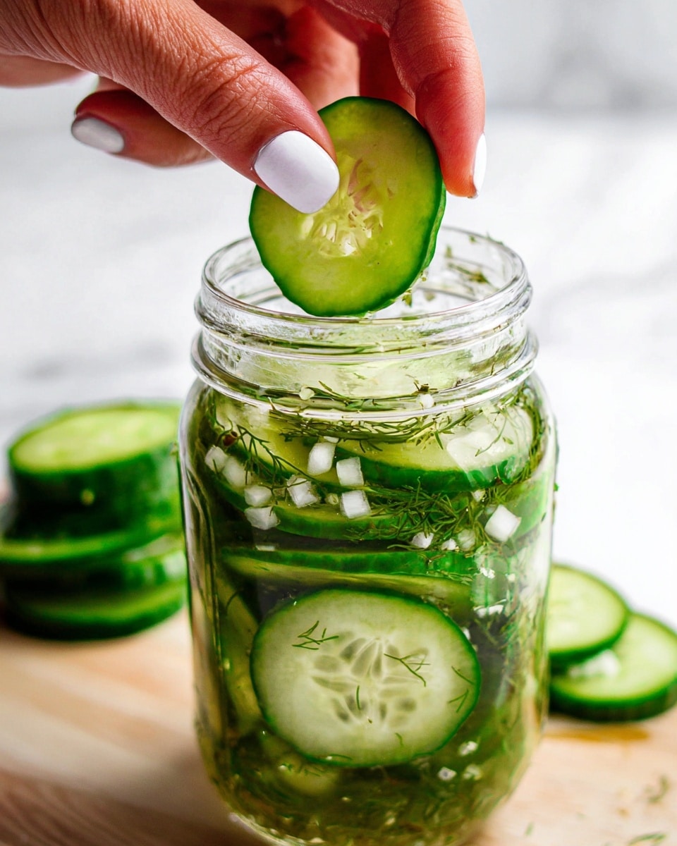 The image shows a clear glass jar from above with four different stages of making pickles, all placed on a white marbled surface. The first jar has slices of green jalapeño and cucumber, showing the shiny, fresh green colors with visible seeds. The second jar adds a chunky layer of chopped white garlic and small bits of dark green dill on top of the jalapeños and cucumbers. The third jar is filled with thin mint green cucumber slices stacked neatly, showing their soft centers and seeds. The last jar is filled with a clear light yellowish-green liquid, floating slices of cucumber, and sprinkled dill, creating a fresh, layered look. photo taken with an iphone --ar 4:5 --v 7