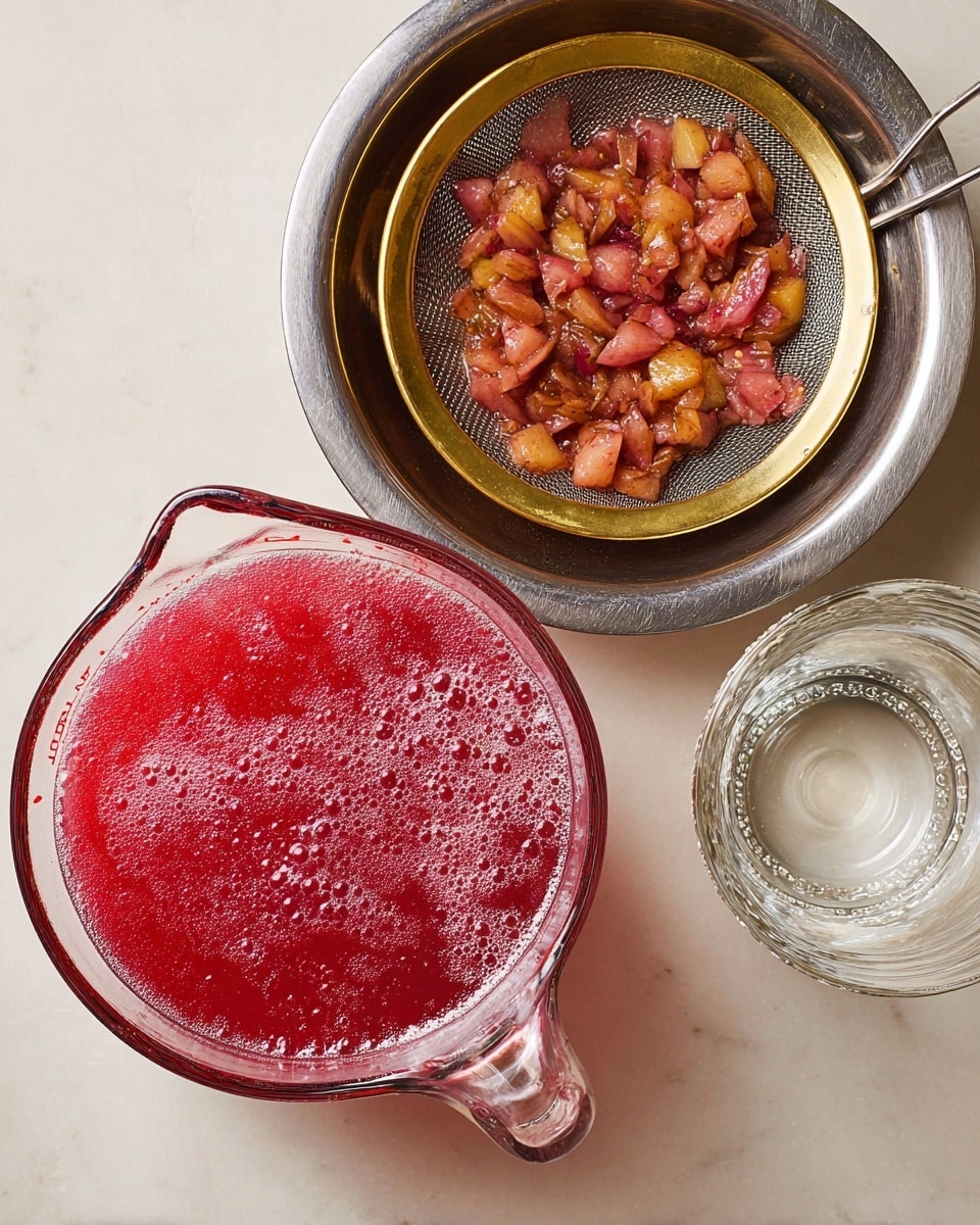 A metal sieve with a golden rim sits on top of a large silver bowl, holding a mixture of soft, cooked fruit chunks in shades of pink, light brown, and reddish tones. Below and to the left, a clear glass measuring cup filled with a bright, frothy red liquid is visible with bubbles on the surface. To the right, there is a clear empty glass jar with a dotted edge in the middle of the rim. The objects rest on a white marbled surface. photo taken with an iphone --ar 4:5 --v 7