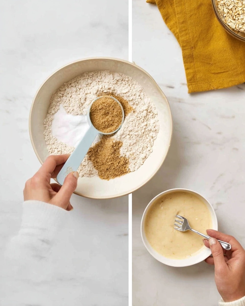 In the first image, there is a large white bowl filled with dry ingredients layered separately: light beige flour, white salt, brown sugar, and a scoop of darker brown sugar being added with a light blue measuring spoon held by a woman’s hand wearing a white sweater. The second image shows a small white bowl with a creamy beige mixture inside, and a woman’s hand holding a fork stirring it. The background and surface in both images are a clean white marbled texture, with a folded mustard-yellow cloth and a bowl of oats visible in the top corner of the second image. Photo taken with an iphone --ar 4:5 --v 7