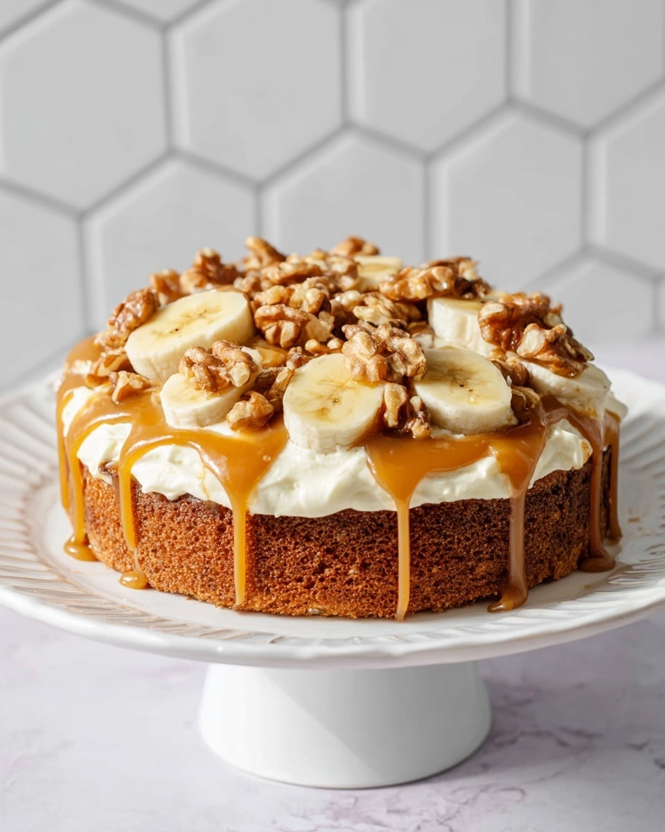 A single-layer golden brown cake sits on a white plate with raised edges, topped thickly with a creamy off-white layer of frosting. On top of the frosting are several banana slices and whole walnuts scattered around, all drizzled with a smooth, warm caramel sauce that flows down the sides of the cake. The background shows a white marbled texture with hexagon tile patterns. Photo taken with an iphone --ar 4:5 --v 7