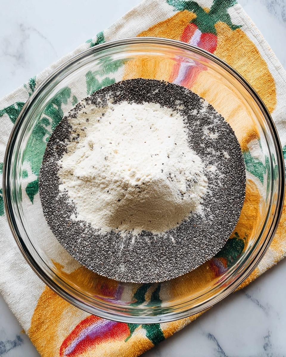 A clear glass bowl sits on a white marbled surface covered partially by a colorful cloth with chili pepper and leafy green patterns. Inside the bowl are two main layers: a thick layer of black poppy seeds covering most of the bottom and a mound of white flour resting on top toward the center, creating a contrast between the dark seeds and pale flour. The scene is well-lit, showing the fine textures of both ingredients clearly. photo taken with an iphone --ar 4:5 --v 7