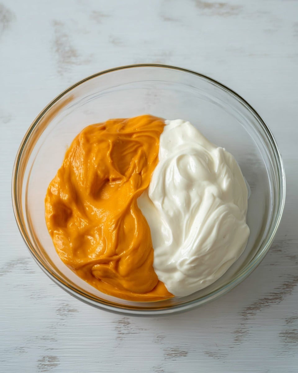A clear glass bowl sits on a white marbled surface, containing two layers of creamy mixtures side by side. On the left is a thick, bright orange puree with a smooth texture showing small swirls and folds. On the right is a fluffy white cream with soft peaks and a smooth, light texture, contrasting sharply with the orange puree. The bowl is round and transparent, allowing the colors and textures of the mixtures inside to stand out clearly. Photo taken with an iphone --ar 4:5 --v 7