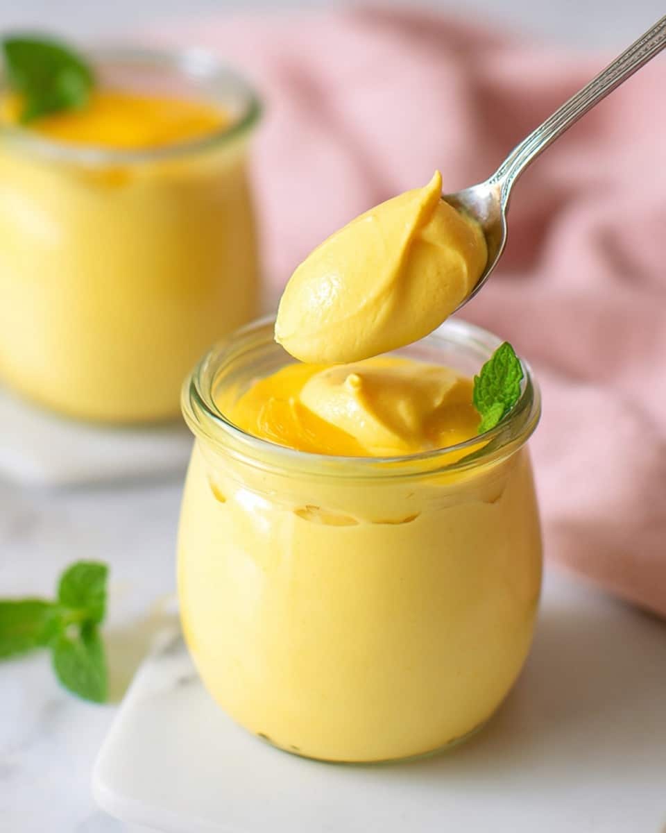 The image shows two clear glass jars filled with a smooth, creamy yellow mango mousse. The mousse fills most of the jar with a slightly uneven but soft texture, and each jar is topped with a bright orange mango puree layer. A small fresh green mint leaf is placed on top of the mango puree for garnish. The jars are placed on a white marbled surface, and in the background, there are two blurred metal spoons and a soft pink cloth. Photo taken with an iphone --ar 4:5 --v 7