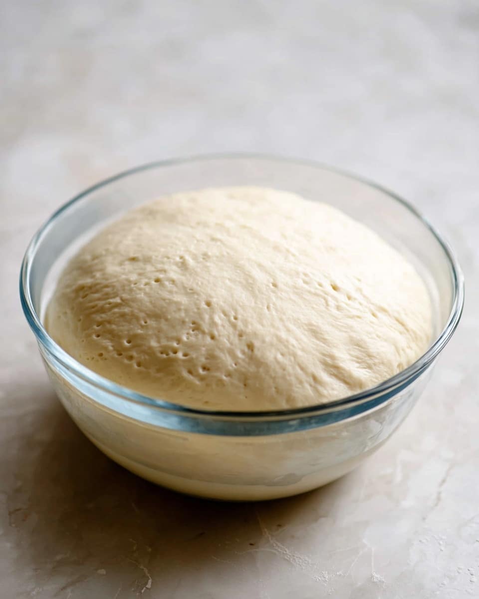 A single glass bowl sits on a white marbled surface, filled with one large round ball of pale, smooth dough that has risen and expanded to fill most of the bowl. The dough's surface is soft with a slightly bumpy texture, showing small air bubbles underneath, giving it a light, airy look. The bowl is clear, showing the thickness of the dough around the edges. Photo taken with an iphone --ar 4:5 --v 7