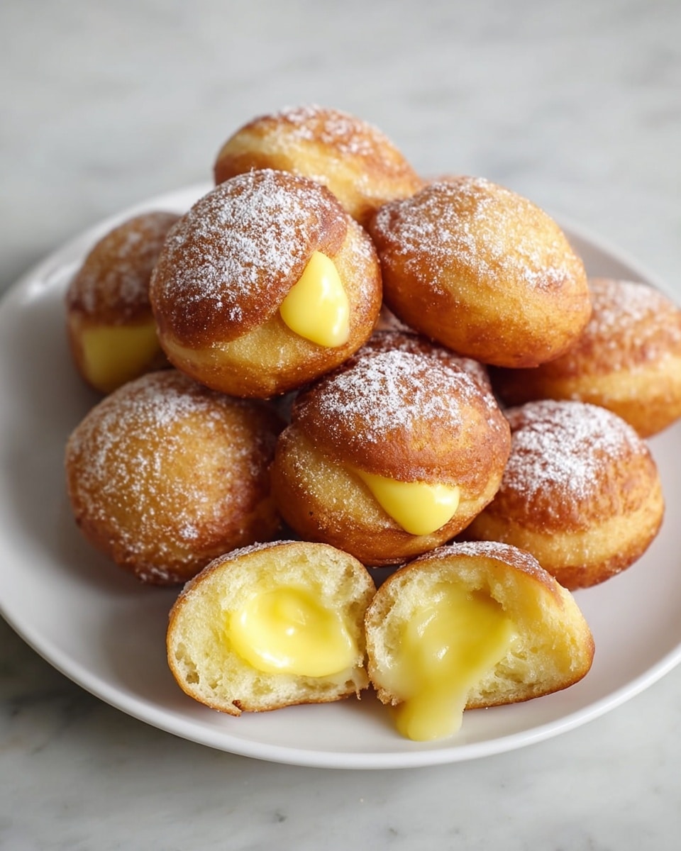 A white round cake stand with a wooden base holds a stack of 10 golden-brown doughnuts, arranged in three uneven layers: the bottom layer has five doughnuts, the middle has four, and one doughnut rests on top. Each doughnut is puffy and has a rough, fried texture, with small yellow cream dollops oozing out from one side. The doughnuts are lightly dusted with white powdered sugar, adding a soft contrast to the warm color. The background shows a blurred scene with jars and a coffee pot, all on a white marbled surface. photo taken with an iphone --ar 4:5 --v 7