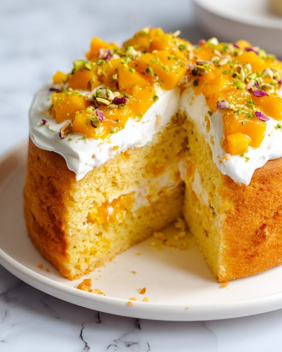 A round, thick golden-brown cake sits on a white plate, with a smooth, creamy white layer spread evenly on top. On this creamy layer, bright orange cubes of fruit are piled, sprinkled with small green chopped nuts for texture and color contrast. The plate is placed on a beige cloth on a white marbled surface. In the background, there is a white bowl filled with more of the orange fruit, a small lit candle in a glass holder, and a stack of white plates with gold forks resting on top. Some pink and purple flowers are blurred in the foreground, adding a soft touch to the scene. Photo taken with an iphone --ar 4:5 --v 7