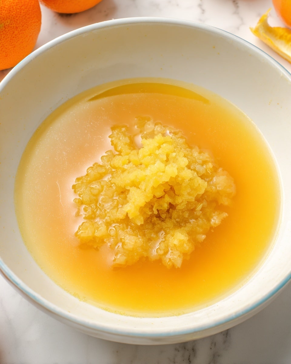 A white bowl contains a small pile of crushed yellow fruit or vegetable in the center, surrounded by a layer of thin, watery orange liquid that nearly fills the bowl. The crushed pieces have a soft and chunky texture, contrasting with the smooth liquid around them. The bowl rests on a white marbled surface, and parts of oranges or similar fruits are slightly visible near the bowl edges. photo taken with an iphone --ar 4:5 --v 7