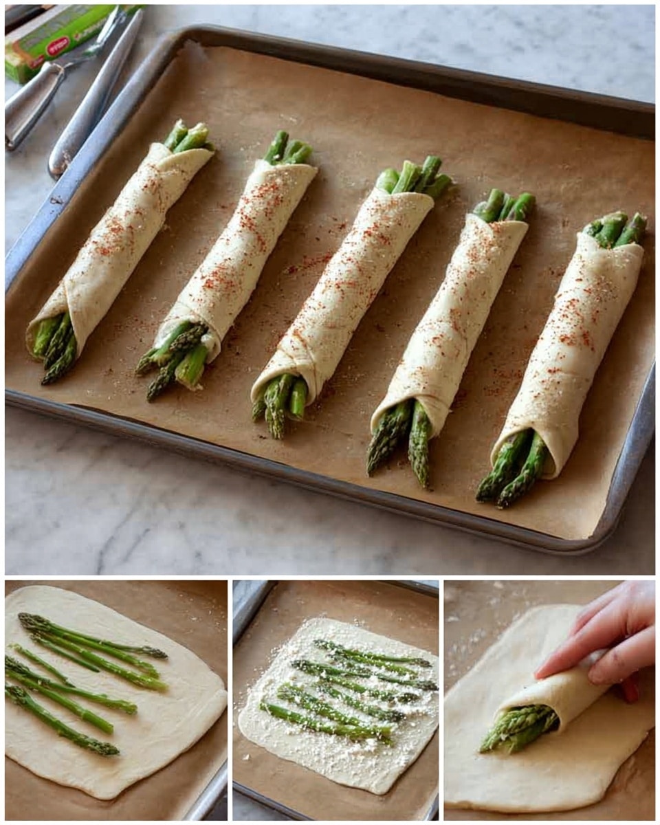 Six long rolls of light golden brown pastry lay side by side on a baking tray lined with light parchment paper, each wrapped gently around bright green asparagus stalks that peek out from one end. The pastry is crisp with scattered darker brown bits on top, adding texture and color contrast. The asparagus tips are vibrant and fresh, showing their natural deep green color. The tray is placed on a white marbled surface, giving a clean and simple background. photo taken with an iphone --ar 4:5 --v 7
