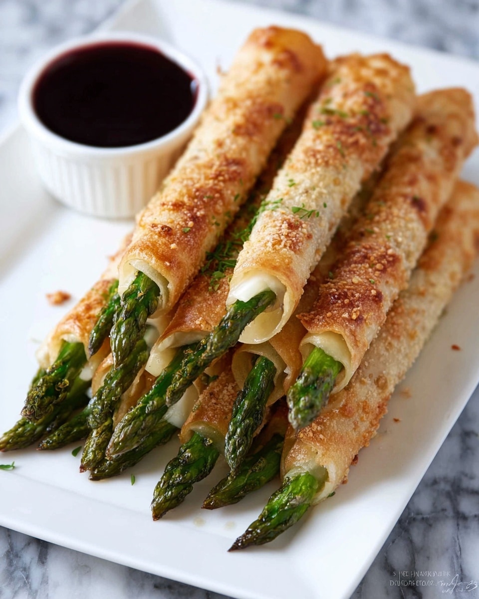 Five golden brown, crispy rolls filled with green asparagus spears are neatly placed on a white rectangular plate. The rolls have a light dusting of seasoning on the crispy outer layer, with the asparagus tips peeking out from one end of each roll. At the top corner of the plate, there is a small white bowl filled with a dark dipping sauce. The plate sits on a white marbled surface. photo taken with an iphone --ar 4:5 --v 7