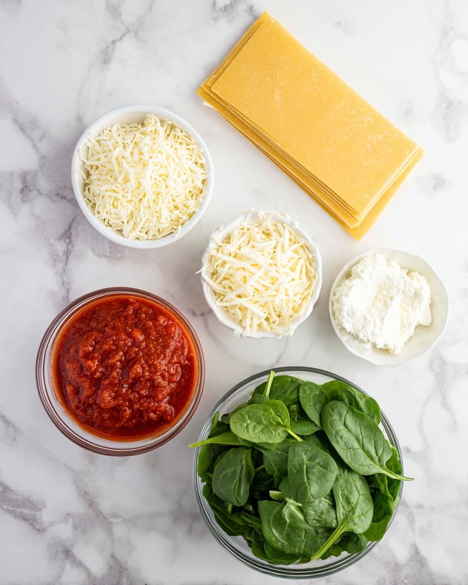 The image shows a glass baking dish filled with six layers of lasagna. The bottom layer is a red tomato sauce with visible bits of meat, followed by thin flat pasta sheets. Above the pasta is a white creamy ricotta cheese layer with some green spinach leaves peeking out. Another layer of red sauce with meat is spread on top, then another layer of pasta sheets. The top layer is a thick covering of melted shredded mozzarella cheese that is lightly browned and bubbly, with some grated parmesan cheese sprinkled over it. The dish is placed on a white marbled surface, with some green parsley on the top left and a wooden spoon on the right. Photo taken with an iphone --ar 4:5 --v 7