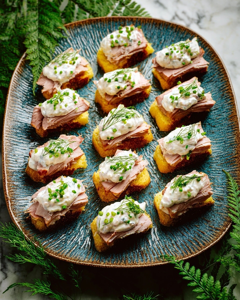 A large textured plate with a mix of deep blue and brown colors holds ten small open-faced sandwiches arranged in rows. Each sandwich has three layers: the bottom is a toasted yellowish bread slice, the middle is a layer of thin light pink meat, and the top layer is a creamy white sauce sprinkled with small fresh green chive pieces. The plate sits on a white marbled surface with green leaves placed around it. Photo taken with an iphone --ar 4:5 --v 7