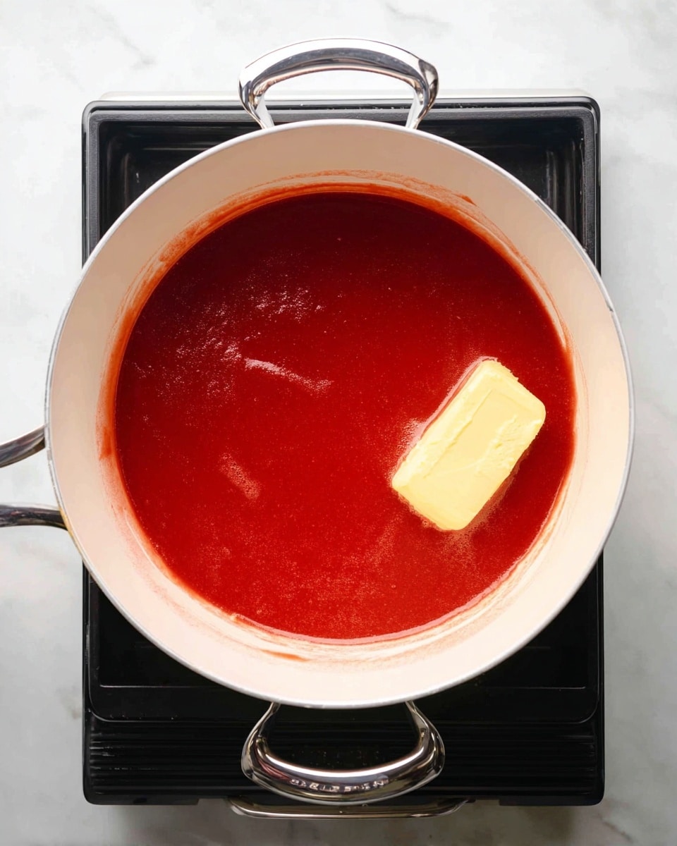 A white pot filled with a smooth, deep red sauce covering the bottom layer, and a thick, light yellow stick of butter resting partially melted on the right side of the sauce layer. The pot sits on a black stove top with shiny metal handles, all placed on a white marbled surface. photo taken with an iphone --ar 4:5 --v 7