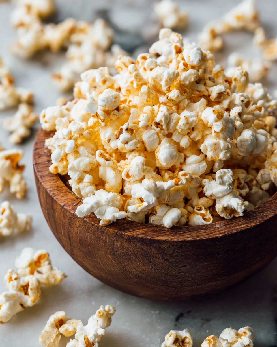 A close-up view of a wooden bowl filled full with popcorn that is mostly white with some pieces showing a light orange color, suggesting a coating or seasoning. The popcorn has a fluffy texture and is piled high inside the bowl, some pieces spilling over onto a surface with a white marbled texture. The background is blurred, showing more popcorn scattered around, enhancing the focus on the main pile. photo taken with an iphone --ar 4:5 --v 7