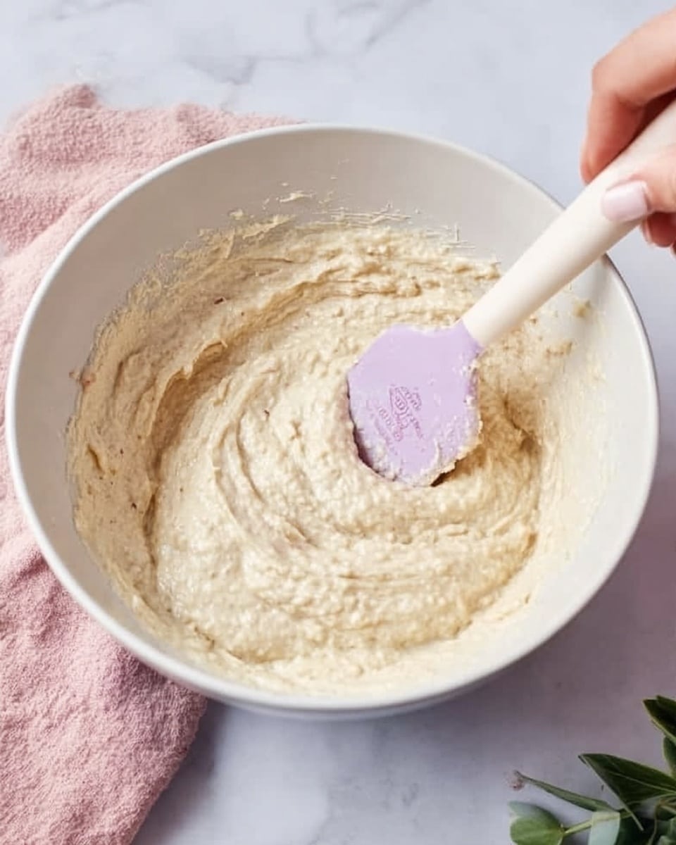 A white bowl filled with a creamy, thick batter that is light beige in color with a slightly lumpy texture. A light purple spatula is resting inside the bowl, partially covered with the batter, held by a woman's hand just above the bowl. The bowl and spatula are on a white marbled surface, with a soft pink cloth partially visible on the left edge and some green leaves in the bottom right corner. Photo taken with an iphone --ar 4:5 --v 7