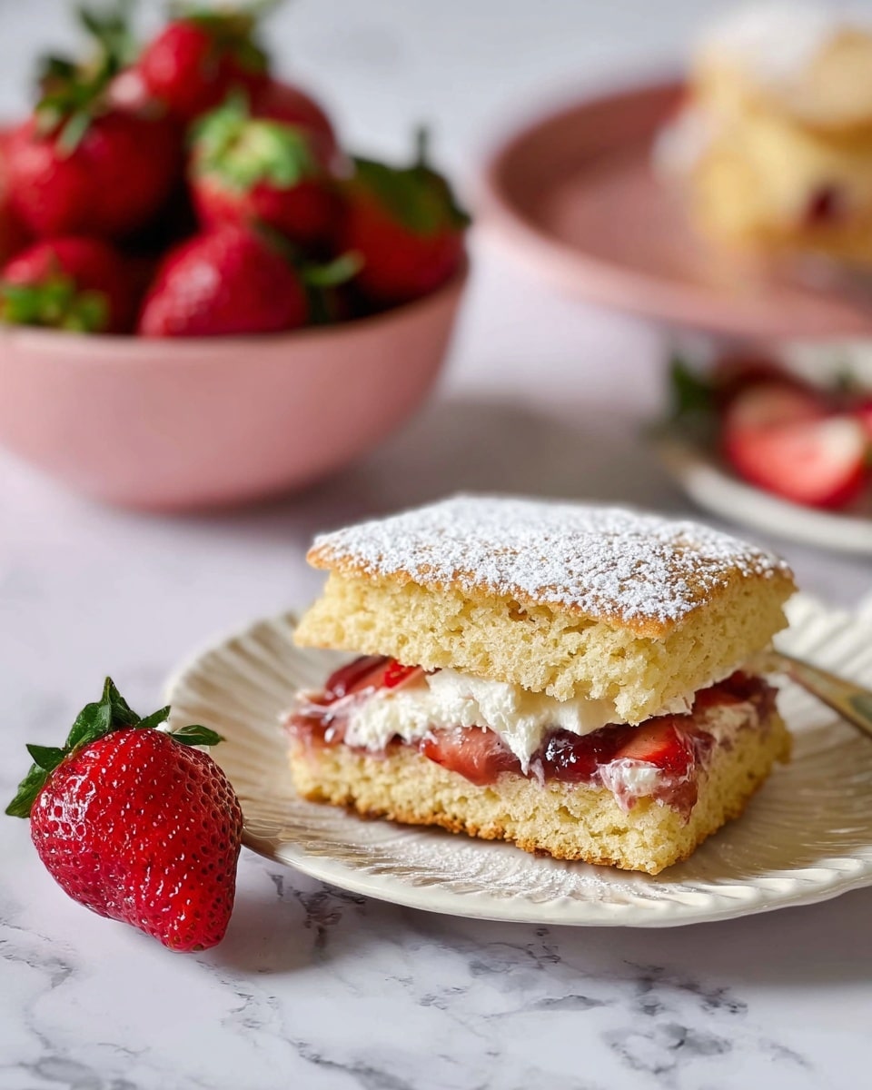 A square-shaped sandwich with two layers of golden-brown cake dusted with white powdered sugar on top, sitting on a white plate with textured edges. Between the cake layers is a red strawberry jam layer mixed with cream and fresh strawberry slices visible underneath. To the left of the sandwich are two whole fresh strawberries with green leaves. In the blurred background, a pink bowl filled with whole strawberries sits on a white marbled surface. Photo taken with an iphone --ar 4:5 --v 7