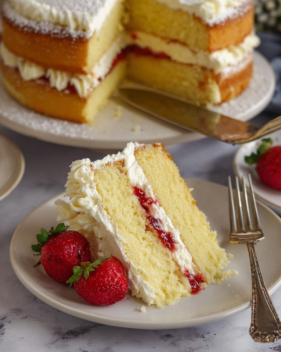 A slice of yellow three-layer cake is placed on a white plate on a white marbled surface. Each cake layer is light and fluffy, separated by white cream and a thin layer of red strawberry jam. Two whole red strawberries with green leaves sit beside the cake slice, resting on a small amount of white cream. A silver fork lies near the plate. In the background, the whole cake with the same three yellow layers and white cream between them is visible on a white plate, dusted lightly with powdered sugar. A woman's hand holds a silver cake server that lifts a piece from the whole cake. Photo taken with an iphone --ar 4:5 --v 7