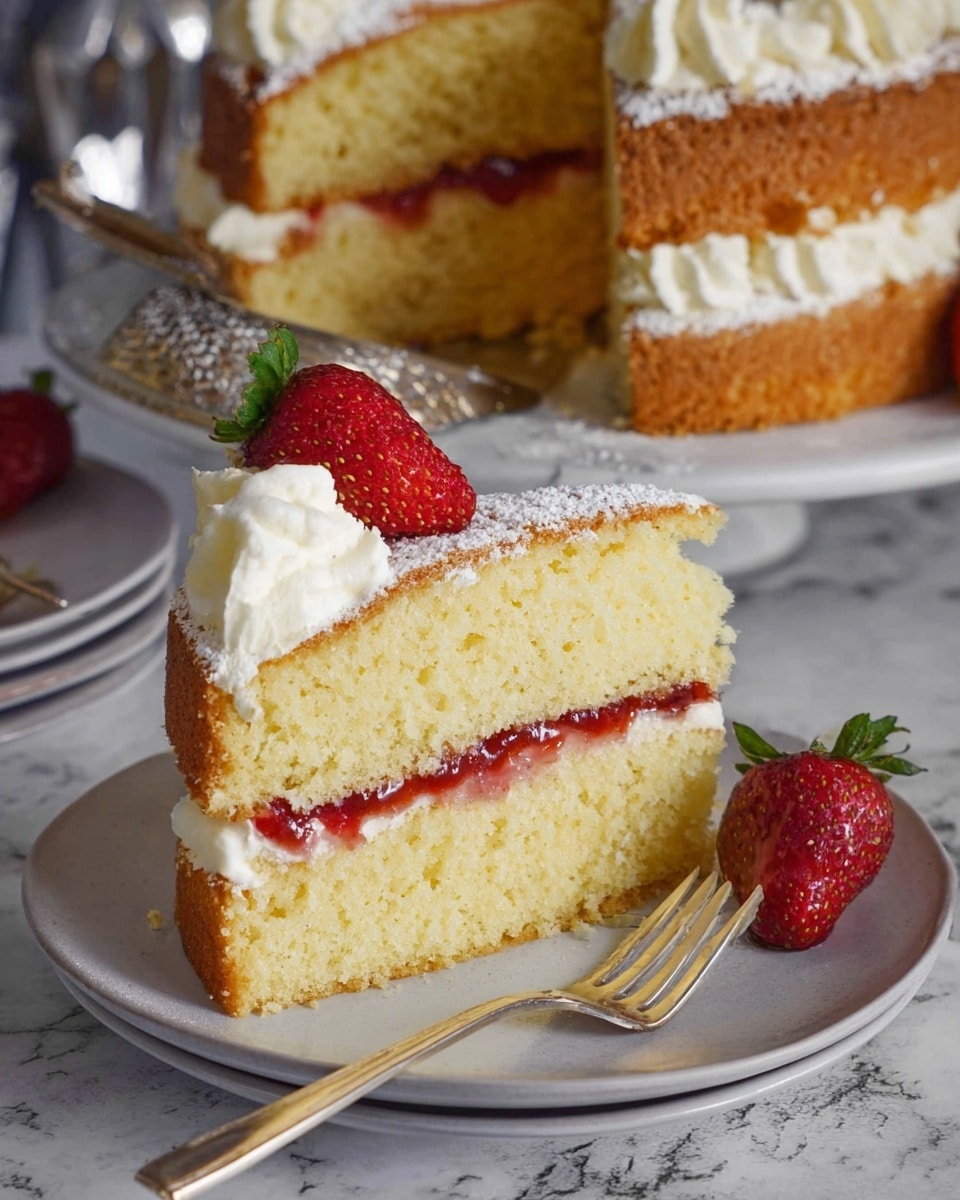 The image shows a three-layer sponge cake on a white plate, placed on a white marbled surface. Each golden brown cake layer is separated and topped with a thick, ruffled layer of creamy white frosting. The top layer is decorated with eight whole strawberries with green leaves, each nestled on a swirl of the same creamy frosting. The cake is lightly dusted with powdered sugar, adding a soft white touch to the sponge and strawberries photo taken with an iphone --ar 4:5 --v 7