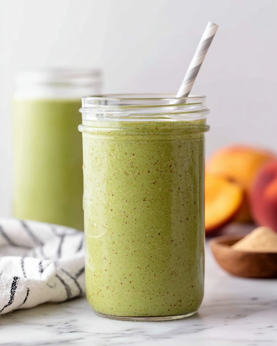 The image shows a tall clear glass jar filled with a thick, smooth green smoothie that has tiny dark green and black specks throughout, making the texture look creamy and slightly grainy. There is a white and gray striped paper straw standing inside the jar. Behind the jar, another jar with the same green smoothie and straw is slightly blurred. To the right, there is a blurred banana and a peach, while a small wooden bowl with light brown powder sits near the front. A white napkin with black lines is folded and placed to the left. The entire scene is set on a white marbled surface with a plain white background. photo taken with an iphone --ar 4:5 --v 7