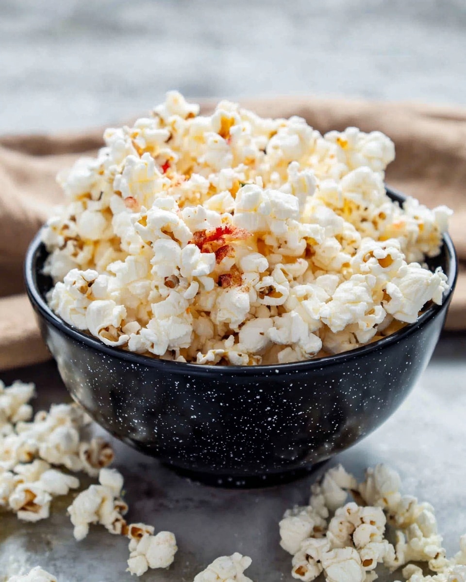 A close-up image shows a black bowl with white dots filled to the top with fluffy white popcorn. The popcorn has light golden spots and some small reddish-brown pieces mixed in, giving a textured and colorful look. Some popcorn pieces are scattered around the bowl on a white marbled surface. The photo looks bright and natural, with clear details of the popcorn’s airy texture and the bowl’s glossy finish. photo taken with an iphone --ar 4:5 --v 7