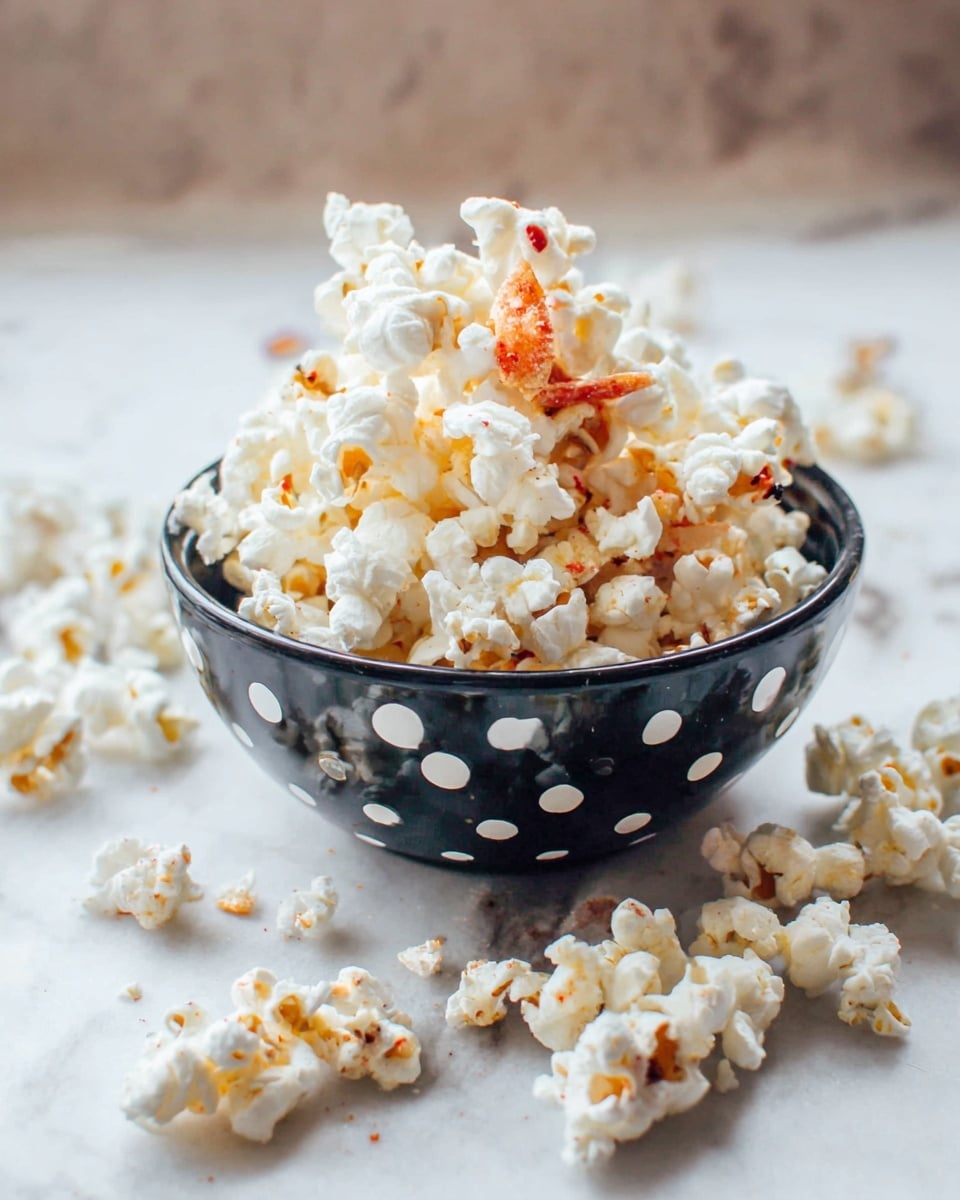 A small black bowl with big white dots is filled with white popcorn that has some orange bits mixed inside. The popcorn is piled high, and some popcorn with orange bits spills over the bowl onto a white marbled surface. The scene is bright and soft, focusing on the light colors and textures of fluffy popcorn and thin orange pieces. Photo taken with an iphone --ar 4:5 --v 7