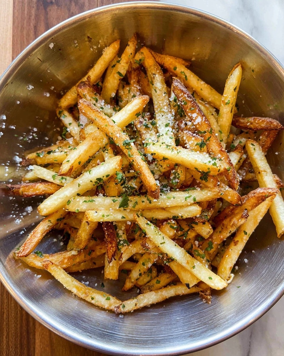 The image shows two paper cones filled with golden brown fries on a white marbled surface. The fries are thin and crispy with some darker edges, and a light sprinkling of green herbs and white granules is scattered around and on the fries. The paper cones have white and brown text patterns, and some fries have spilled out onto the surface. photo taken with an iphone --ar 4:5 --v 7