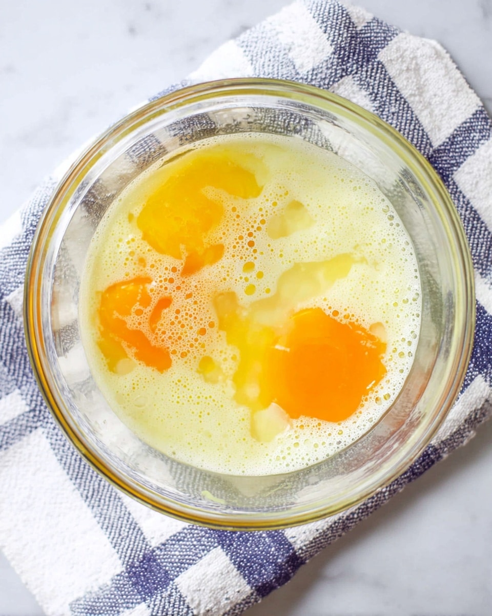A clear glass bowl sits on a cloth with blue and white stripes, placed on a white marbled surface. Inside the bowl, there are three raw egg yolks with a bright orange-yellow color floating in a liquid that looks pale yellow and slightly foamy, with small bubbles scattered around. The bowl's edges show the round shape clearly, and the cloth beneath adds a soft, patterned base to the image. Photo taken with an iphone --ar 4:5 --v 7