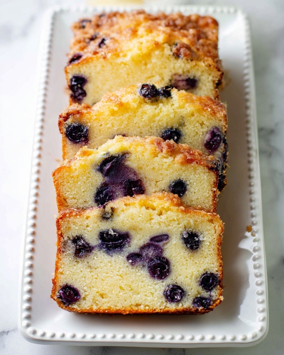 A loaf of blueberry cake with five visible slices is arranged in a row on a white rectangular plate with a beaded edge. The cake has a golden-brown crust on top with a rough, crumbly texture, and the inside is light yellow with many whole, dark purple blueberries spread evenly throughout. Some blueberries appear juicy and slightly bled into the cake, creating small purple spots. The plate rests on a white marbled surface. photo taken with an iphone --ar 4:5 --v 7