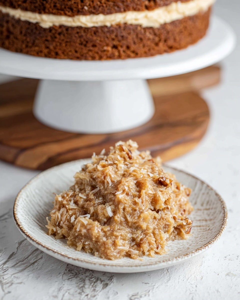 A close-up image of a single white plate with a textured rim, holding a dense, sticky mound of light brown dessert with visible shredded coconut and walnuts mixed in, giving it a chunky and slightly glossy look; in the background, a two-layer brown cake with a similar creamy, light brown filling between the layers is partly visible on a white cake stand, all placed on a white marbled surface with a brown wooden board underneath. Photo taken with an iphone --ar 4:5 --v 7