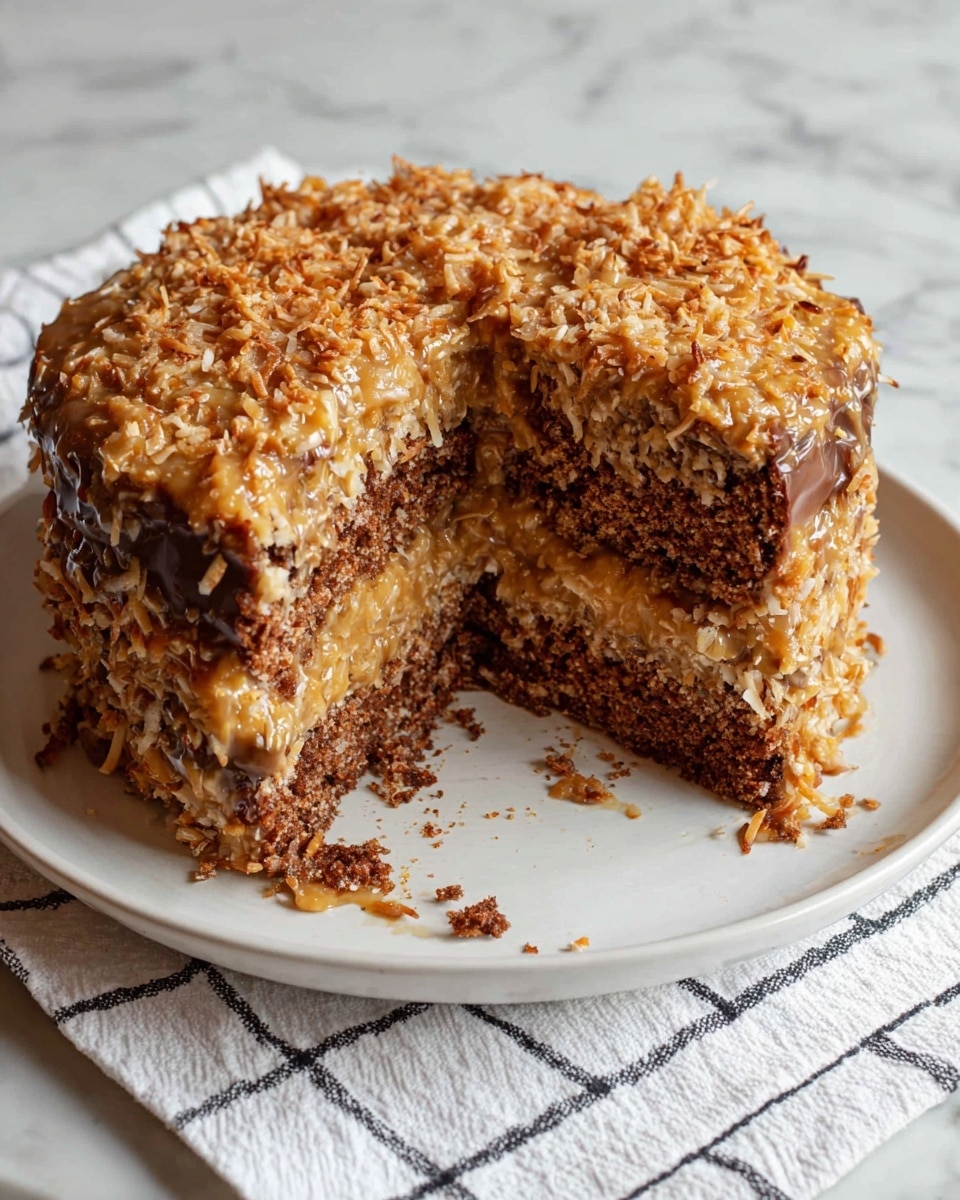 A two-layer chocolate cake with a thick, light brown and textured coconut and caramel topping spread unevenly on the top and between the layers, showing bits of shredded coconut. Part of the cake is missing, revealing the soft, moist inside with the same topping mixed within. The cake sits on a white plate, placed on a white marbled surface with a white cloth that has a black grid pattern underneath. Photo taken with an iphone --ar 4:5 --v 7