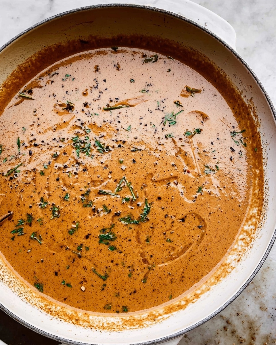 The image shows a close-up of a cooking pan with three browned chicken pieces in a creamy light brown sauce. The chicken pieces have a crispy texture with some black pepper and are sprinkled with small green herb bits. A large metal spoon is pouring the sauce over one chicken piece, with the sauce looking smooth and slightly frothy. The background and surface are a white marbled texture, highlighting the warm colors of the chicken and sauce. photo taken with an iphone --ar 4:5 --v 7